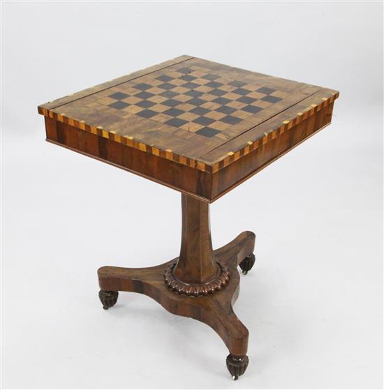 A late Regency Killarneyware crossbanded yew wood games table, W.2ft D.1ft 10in. H.2ft 5in.